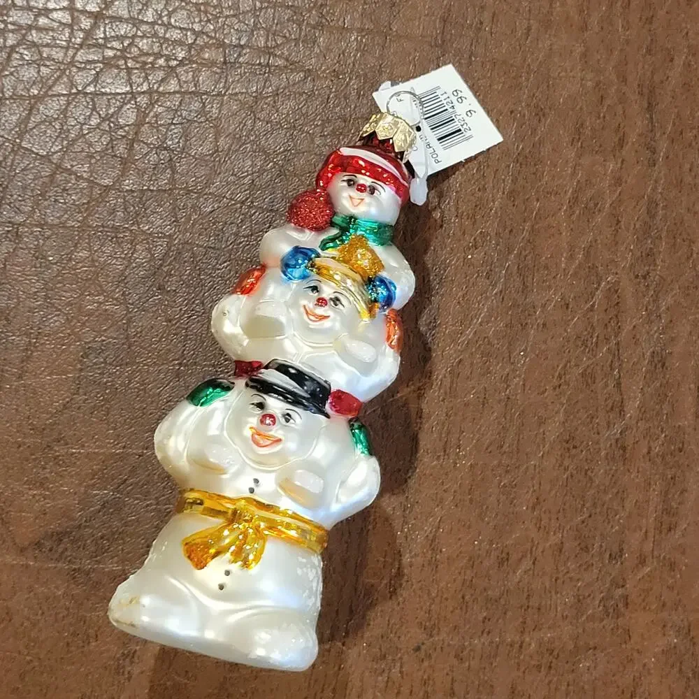 Vintage Snowman Stack Totem Pole Blown Glass Christmas Ornament Made in Poland